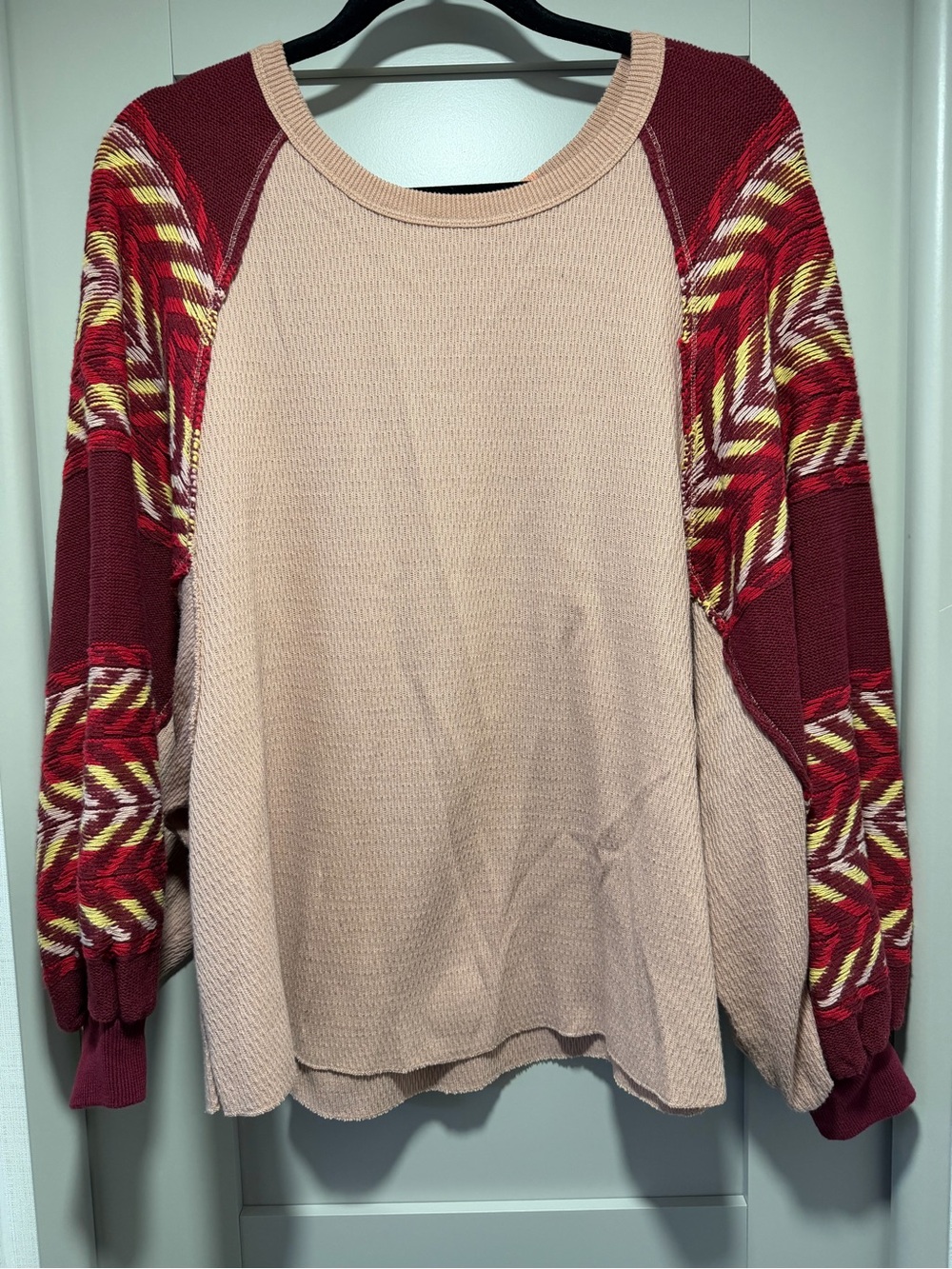 We The Free Beige Pullover with Red Patterned Knit Sleeves